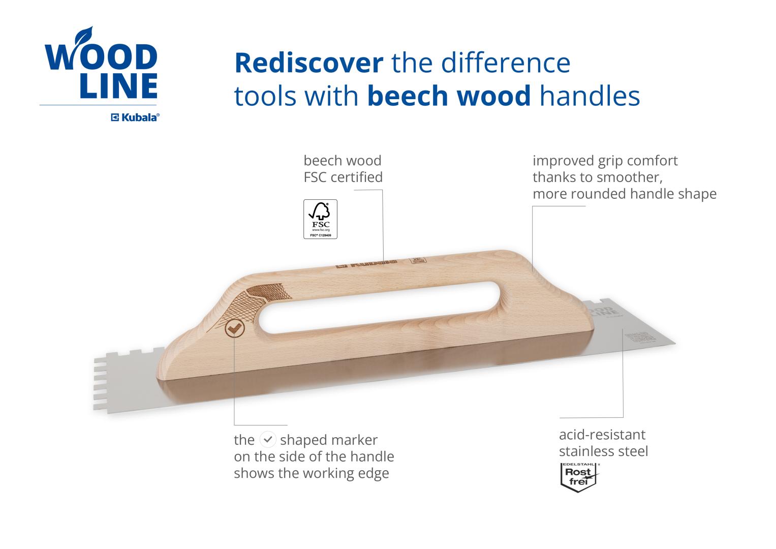 Stainless steel notched trowel 8mm, long with working edge marker, beech wood handle WOOD LINE